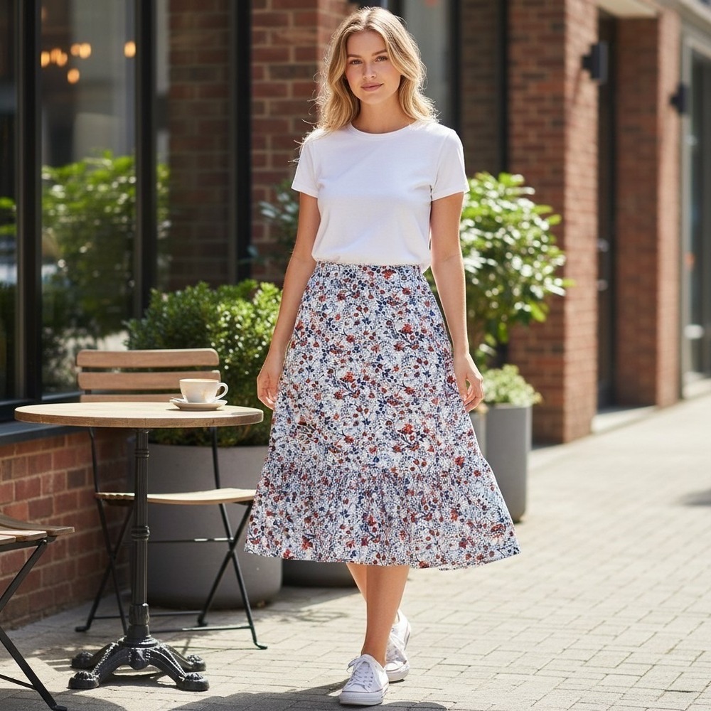 NWT Ann Taylor Size 12 Red White Blue Floral Print Lined Midi Skirt‎ NEW